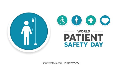 Welttag der Patientensicherheit.  Patienten, plus Ikone und Herz. Ideal für Karten, Banner, Poster, Social Media und mehr. Weißer Hintergrund.