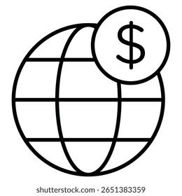 Icono de transferencia de pago mundial Vector de letrero plano de contorno en blanco y negro