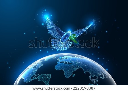 World peace concept with flying dove and planet Earth map from space in futuristic glowing low polygonal style on dark blue background. Modern abstract connection design vector illustration.