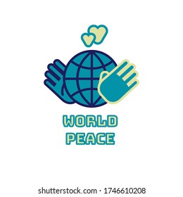 World peace concept. Hands protect the Earth for peace and love, with two hearts above. Flat vector illustration. International Day of Peace.