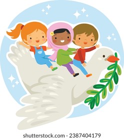 World peace concept. Kids riding a dove with an olive branch as a symbol of peace between nations.