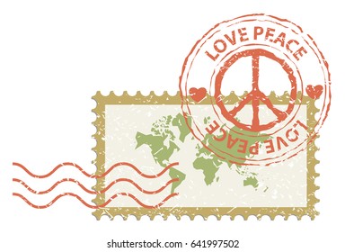 World peace concept, world map in stamp post with peace sign rubber, vintage style