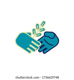 Concepto de paz mundial. Dando la mano por la frinacionalidad y la paz con la rama de olivo. Ilustración vectorial plana. Diseño de plantillas para carteles, tarjetas, etc. Día Internacional de la Paz