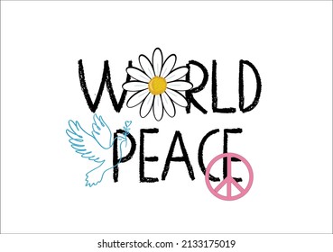 world peace daisy and bird hand drawn