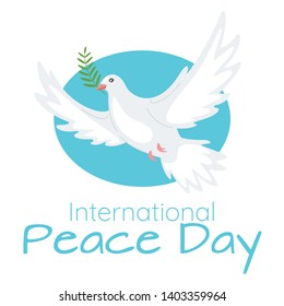 World Peace Day celebration web banner template. Liberty, freedom international holiday greeting card with lettering. Dove carrying olive branch illustration. Unity, faith symbol. White bird flying