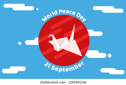 world peace day concept, the origami bird in red circle on blue background, vector illustration in flat style