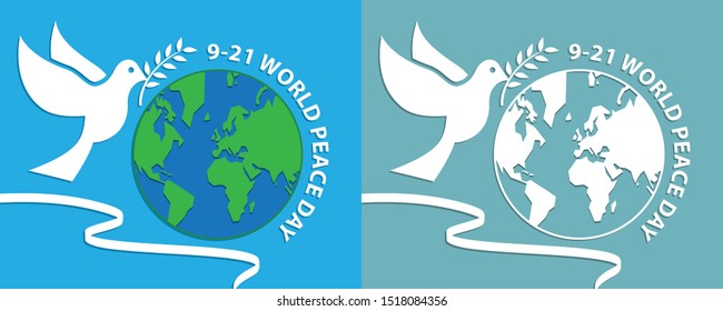 world peace day concept with white bird keep leaves on globe and vintage style