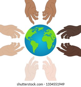 World Peace Day. Ecology Concept. Holding Hands Showing Unity. Relationship Icon. Vector illustration for Your Design, Website.