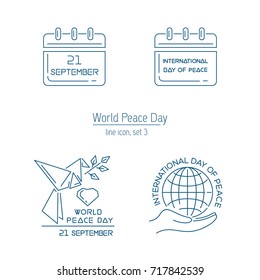 World Peace Day line icon collection. Set 3. Logo and emblem collection for International Day of Peace. September 21. Vector illustration