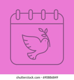 World Peace Day linear icon. September 21. Calendar page with dove and olive branch. Thin line outline symbols on color background. Vector illustration