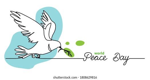 World Peace Day minimal background, web banner with white dove, pigeon and olive branch. One continuous line drawing background with lettering Peace Day.