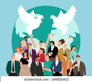 World peace day. Multicultural crowd people. Happy international friends, friendship and humanity. Multiethnic society vector illustration