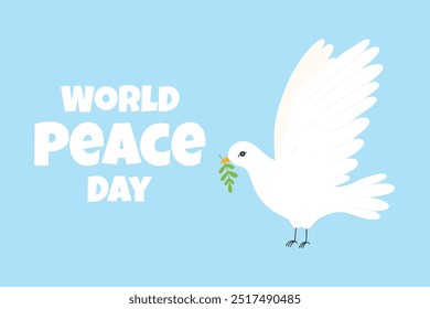 World Peace Day. Poster for peace day with dove. Flying white dove. Vector illustration. Flat style.