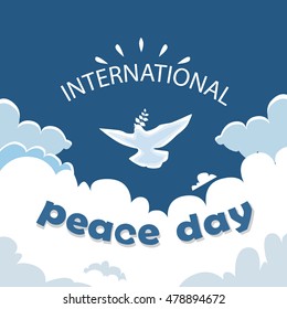 World Peace Day Poster White Dove Bird Fly In Sky Flat Vector Illustration