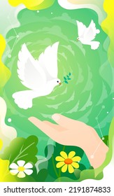 World Peace Day, release the dove of peace with plants and sky in the background, vector illustration