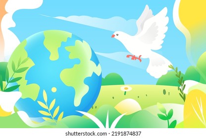 World Peace Day, release the dove of peace with plants and sky in the background, vector illustration