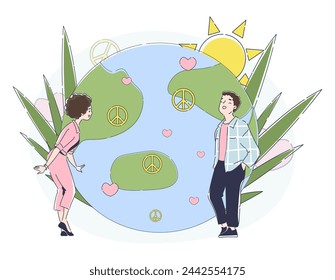 World peace day simple. Man and woman near globe. Kindness and good relations. Tolerance and unity. International love and care. Doodle flat vector illustration isolated on white background