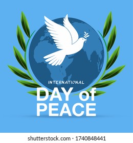 The World Peace Day spectacle of September 21, created with olive branches orbiting the Earth and a flying white dove of peace. Vector - illustrator