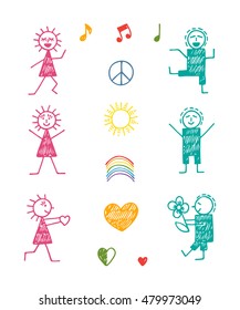 World Peace Day Symbols. International Holiday. Hand drawn doodle People, Peace, Love and Music Signs in Children drawing style - Vector Illustration