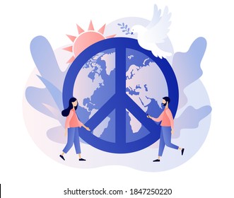 World Peace Day. Tiny people live in love, calm and harmony. Globe, white pigeon and hippie sign as a peace symbol. Modern flat cartoon style. Vector illustration on white background