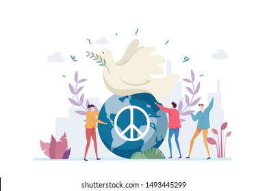 
World Peace Day Vector Illustration Concept Showing a white pigeon and globe as a peace symbol, Suitable for landing page, ui, web, App intro card, editorial, flyer, and banner.