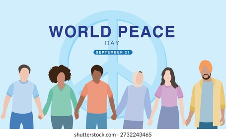 Ilustração vetorial do Dia Mundial da Paz apresentando diversas pessoas de mãos dadas, simbolizando unidade, harmonia, tolerância e paz global em 21 de setembro.