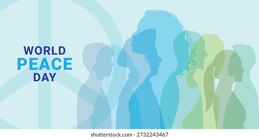 Ilustração vetorial do Dia Mundial da Paz com silhuetas humanas coloridas representando diversidade, inclusão, tolerância e coexistência pacífica entre culturas e identidades.
