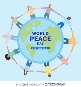 Ilustración vectorial del Día Mundial de la Paz que muestra a diversas personas de la mano en todo el mundo, simbolizando la unidad global, la armonía y la responsabilidad compartida por la paz.
