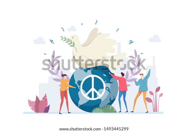 世界平和の日のベクターイラストコンセプト白い鳩と地球儀を平和のシンボルとして表示し ランディングページ Ui ウェブ App Introカード エディトリアル チラシ バナーに適しています のベクター画像素材 ロイヤリティフリー