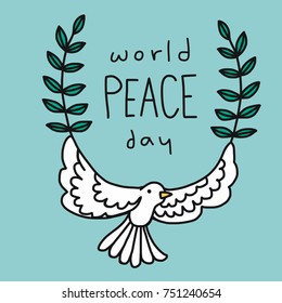 World peace day word and pigeon cartoon vector illustration