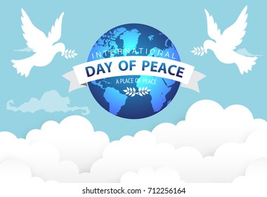 World Peace Day,White Dove Bird Fly In Sky Flat.Vector Illustration