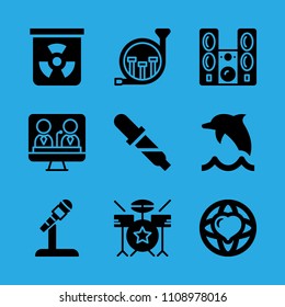 world peace, dolphin, drum set, television, chemical, sound system, pipette, french horn and microphone vector icon. Simple icons set