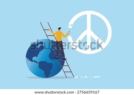 World peace, end global conflict, war or encourage planet love harmony, hope or faith to live in peaceful world, young man climb up earth to paint the peace symbol.