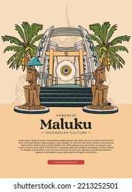 world peace gong placed in maluku indonesian culture handrawn illustration poster design inspiration