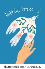 World Peace. Hand and dove of peace. Vector illustration. Elements for card, poster, flyer and other use