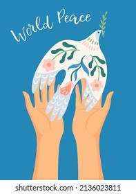 World Peace. Hands and dove of peace. Vector illustration. Elements for card, poster, flyer and other use