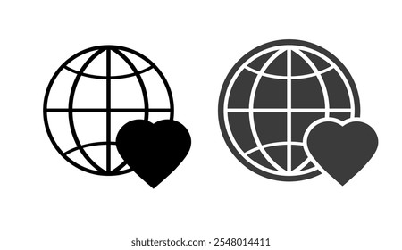 Conjunto de ilustración gráfica simple de Vector de icono de corazón de paz mundial, sólido y línea de contorno de trazo Earth Planet Globe Pictograma de cuidado amoroso, tecnología global de cuidado de la naturaleza Imagen Clip arte signo