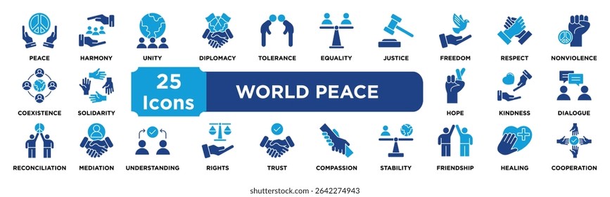 World Peace icon collection set. Containing peace,harmony,unity,diplomacy,tolerance,equality,justice,freedom,respect,nonviolence icon. dual tone vector