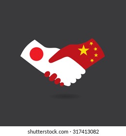 World peace icon in light gray background, Japan handshake with China