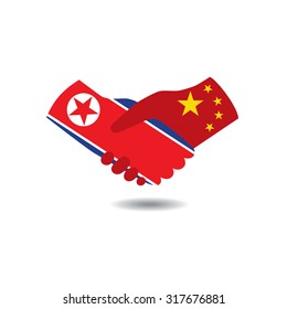 World peace icon in light gray background, North Korea handshake with China