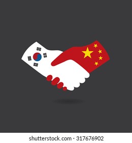 World peace icon in light gray background, South Korea handshake with China
