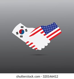 Icono de la paz mundial en fondo gris claro, apretón de manos de Estados Unidos con Corea del Sur