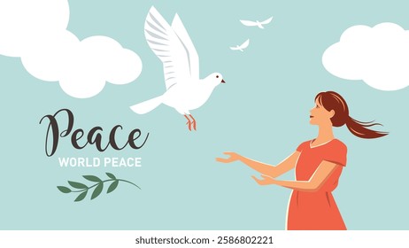 World peace illustration. Dove of peace and girl, vintage style. Poster design, banner