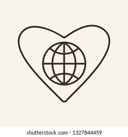 World peace line icon. Globe in heart shape. Volunteering concept. Can be used for topics like ecology, environment, charity