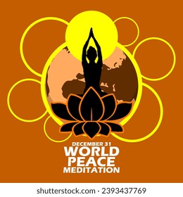 World Peace Meditation Day event banner. A woman meditating on a lotus flower with rays of light, with earth and bold text on orange background to commemorate December 31st