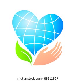 World peace. Planet Earth stylized heart-flower in her hand. Vector symbol.