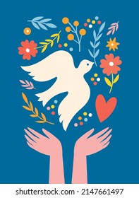 World peace poster. Dove of peace , flowers, heart, symbols of peace