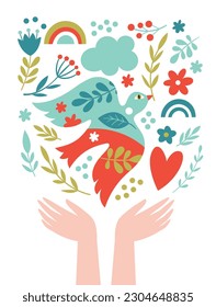 World peace poster. Dove of peace , flowers, heart, symbols of peace