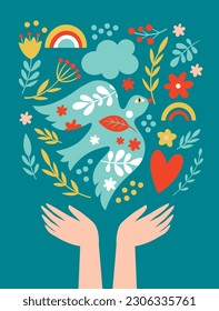 World peace poster. Dove of peace , flowers, heart, symbols of peace