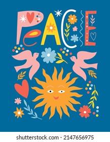World peace poster  Lettering  dove peace   flowers  sun  symbols peace